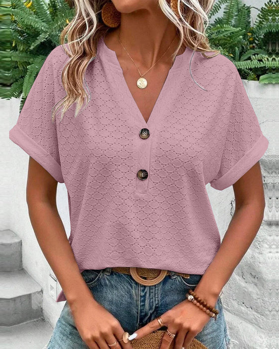 Luma | Damen-Top mit kurzen Ärmeln, V-Ausschnitt und Knöpfen | Casual