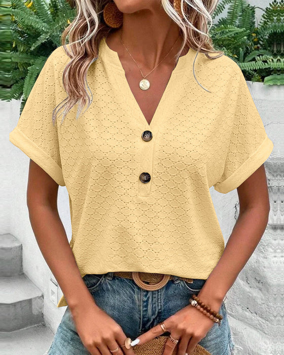 Luma | Damen-Top mit kurzen Ärmeln, V-Ausschnitt und Knöpfen | Casual