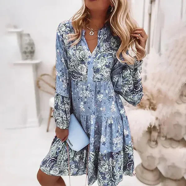Estelle | Langärmelige Damenkleid mit durchgehendem Blumenprint
