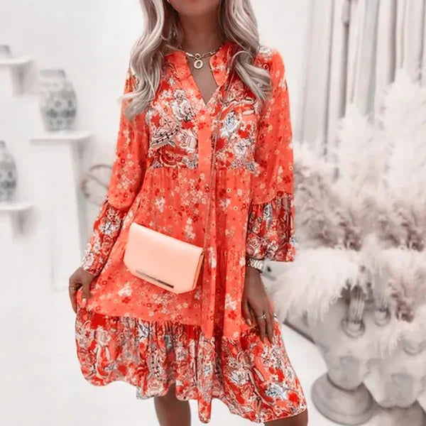 Estelle | Langärmelige Damenkleid mit durchgehendem Blumenprint