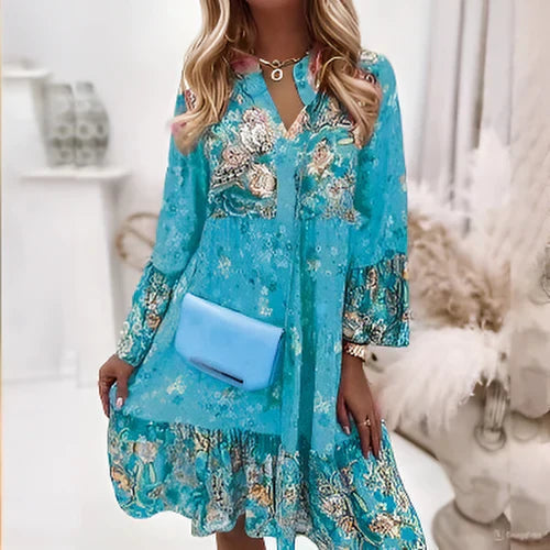 Estelle | Langärmelige Damenkleid mit durchgehendem Blumenprint