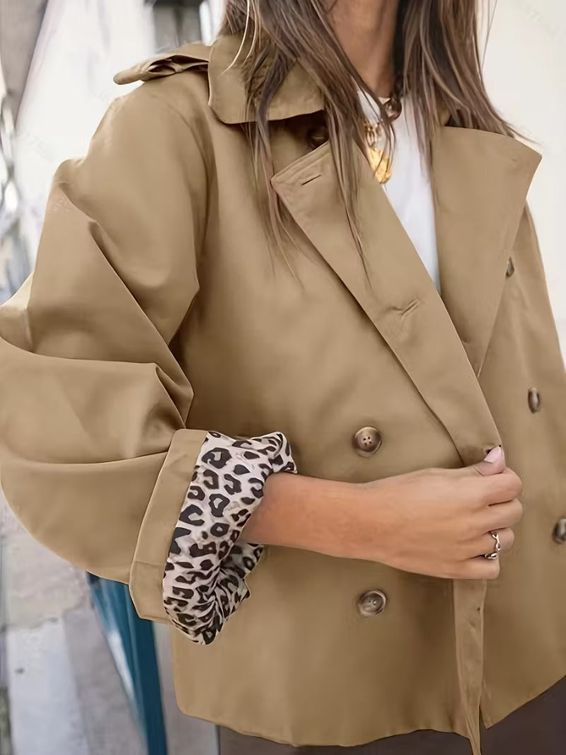 Damen Trenchcoat Kurz – Knopfverschluss & Bedrucktes Futter