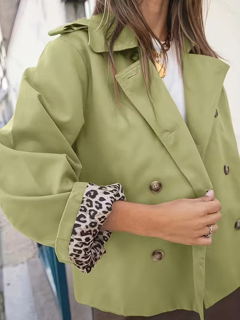 Damen Trenchcoat Kurz – Knopfverschluss & Bedrucktes Futter