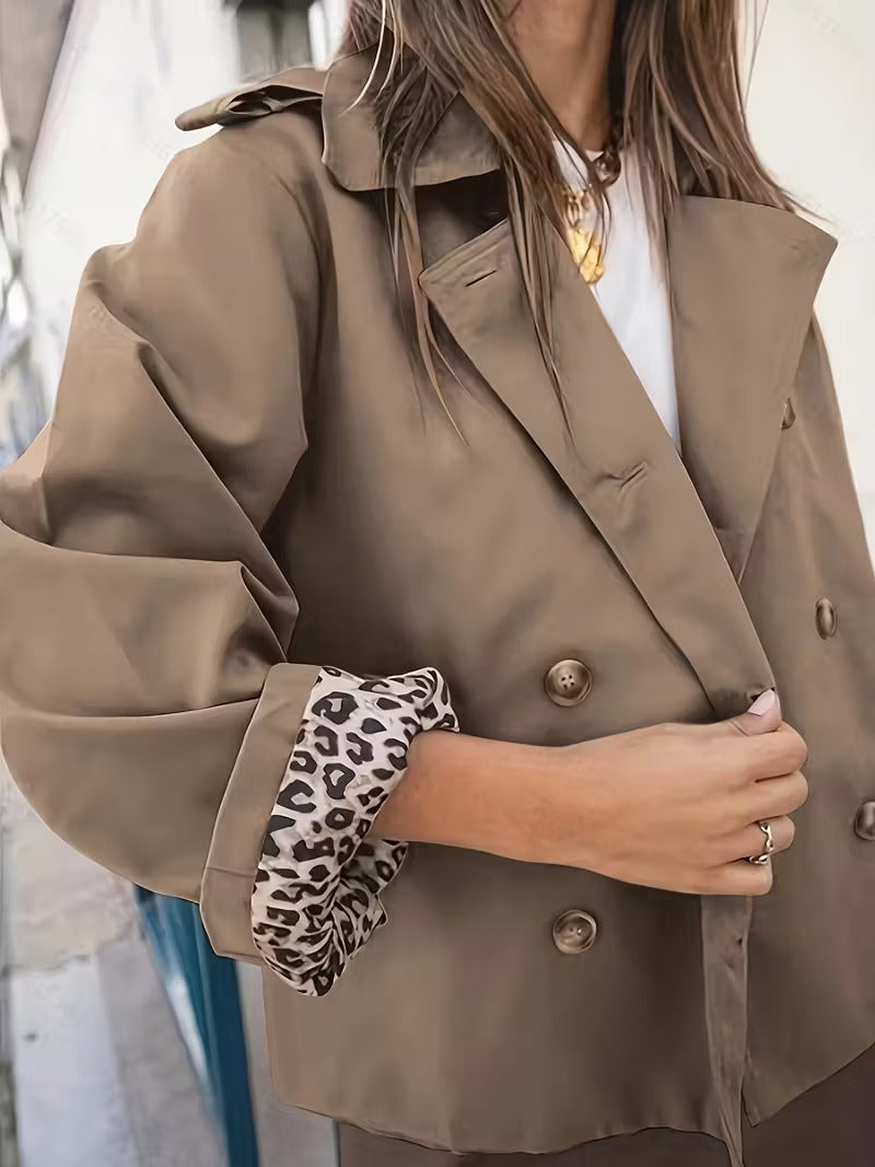 Damen Trenchcoat Kurz – Knopfverschluss & Bedrucktes Futter