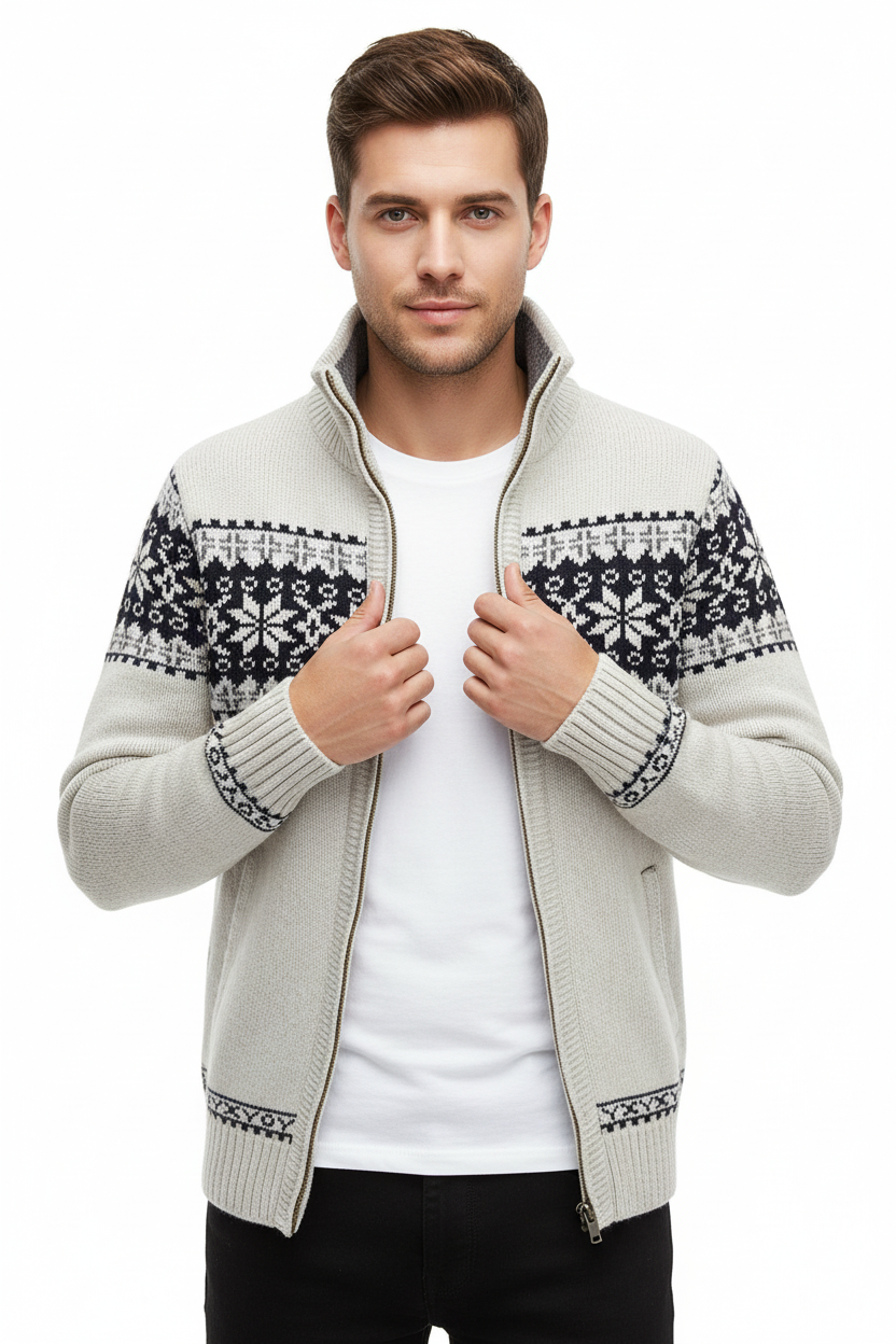 Herren Norweger Pulli Mit Reißverschluss Stehkragen Muster