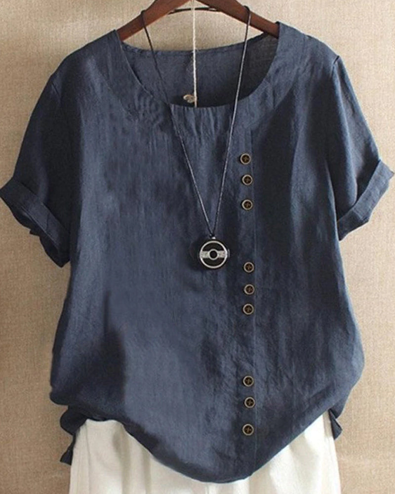 Flōre | Unifarbenes Kurzarm-Bluse mit Rundhalsausschnitt