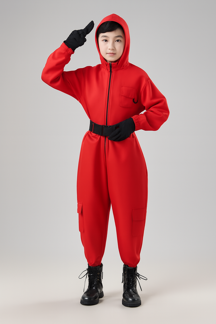 Kinder-Wachmann-Overall Kapuzenmasken-Outfit Roter Overall Gürtel Handschuhen