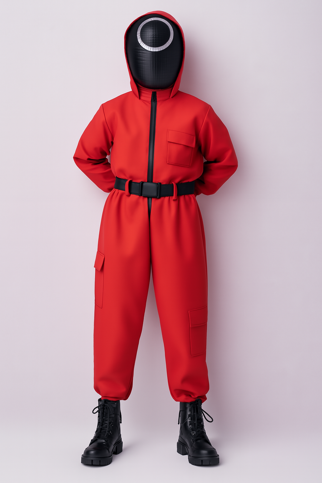 Kinder-Wachmann-Overall Kapuzenmasken-Outfit Roter Overall Gürtel Handschuhen