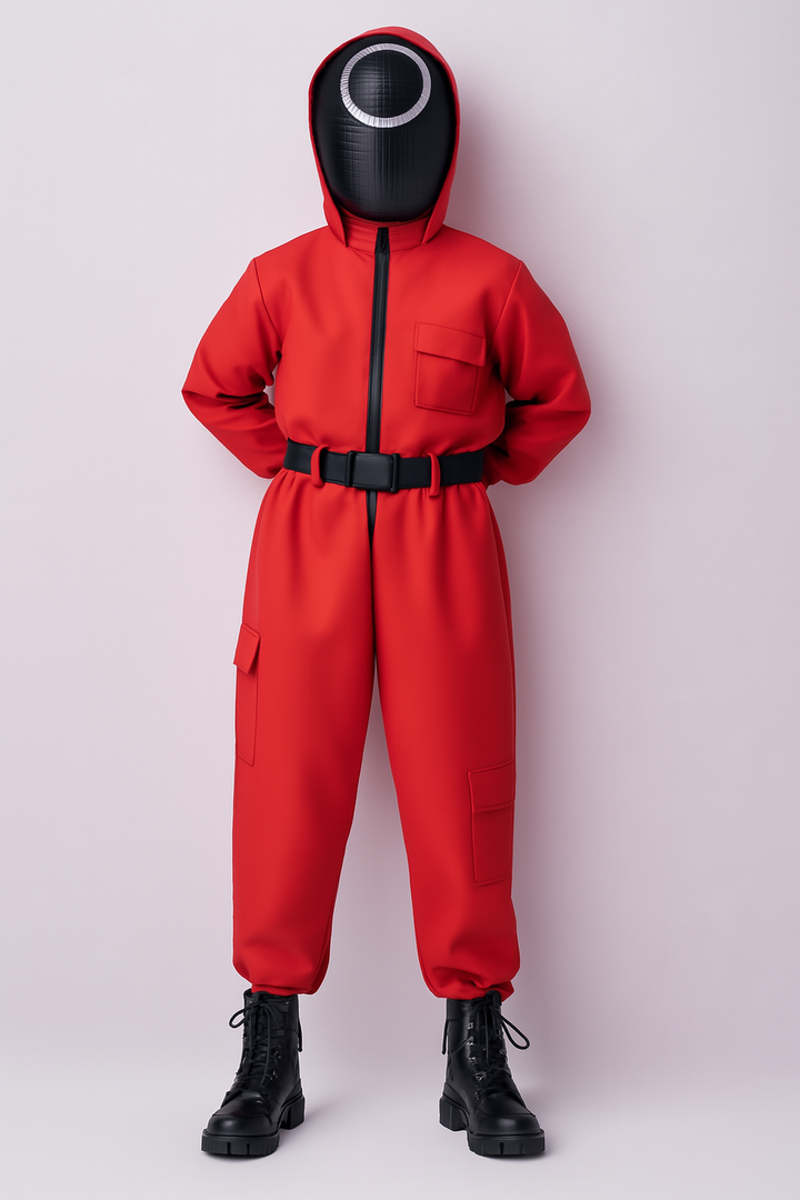 Kinder-Wachmann-Overall Kapuzenmasken-Outfit Roter Overall Gürtel Handschuhen