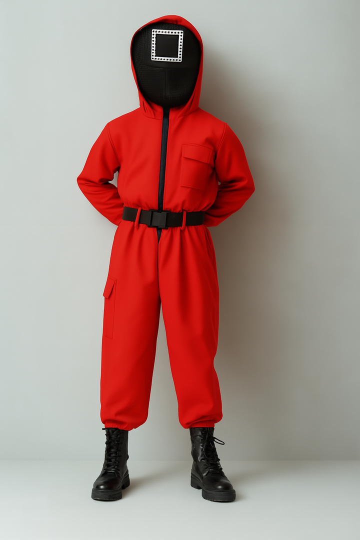 Kinder-Wachmann-Overall Kapuzenmasken-Outfit Roter Overall Gürtel Handschuhen