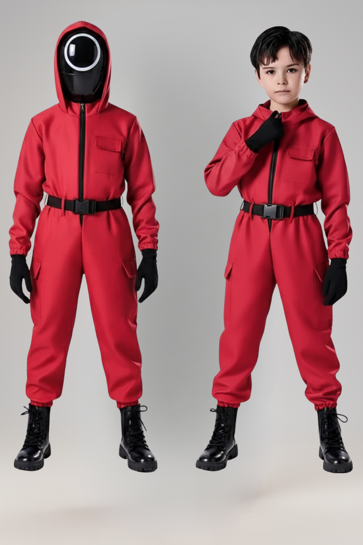 Kinder-Wachmann-Overall Kapuzenmasken-Outfit Roter Overall Gürtel Handschuhen
