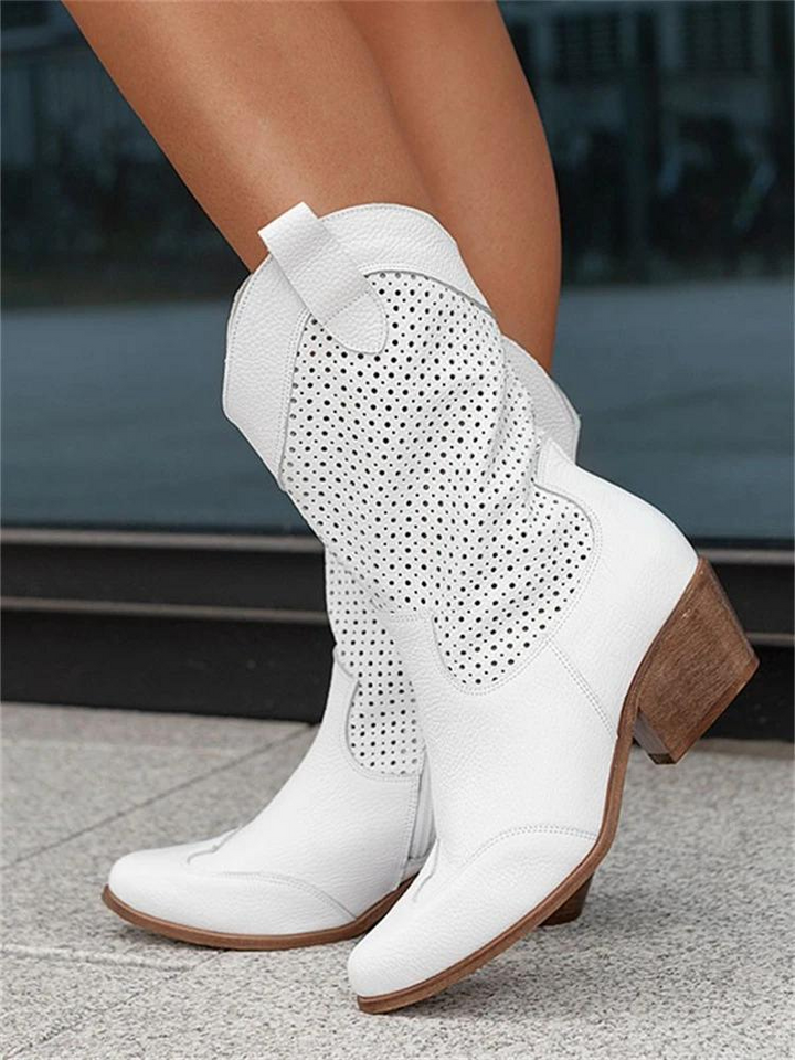 Kniehohe Cowgirl-Stiefel für Damen – Mittelhoher Absatz & bestickte Nähte