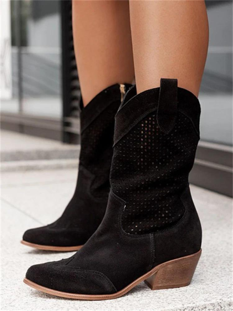 Kniehohe Cowgirl-Stiefel für Damen – Mittelhoher Absatz & bestickte Nähte