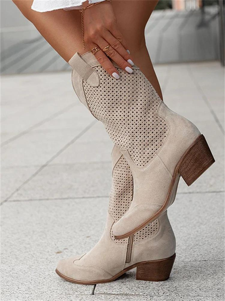 Kniehohe Cowgirl-Stiefel für Damen – Mittelhoher Absatz & bestickte Nähte