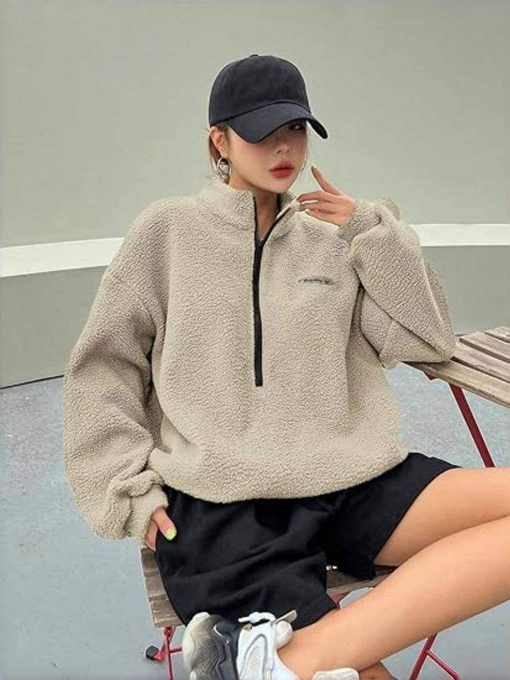 Damen Kuscheliges Winter-Sweatshirt Halbreißverschluss entspannten Schnitt