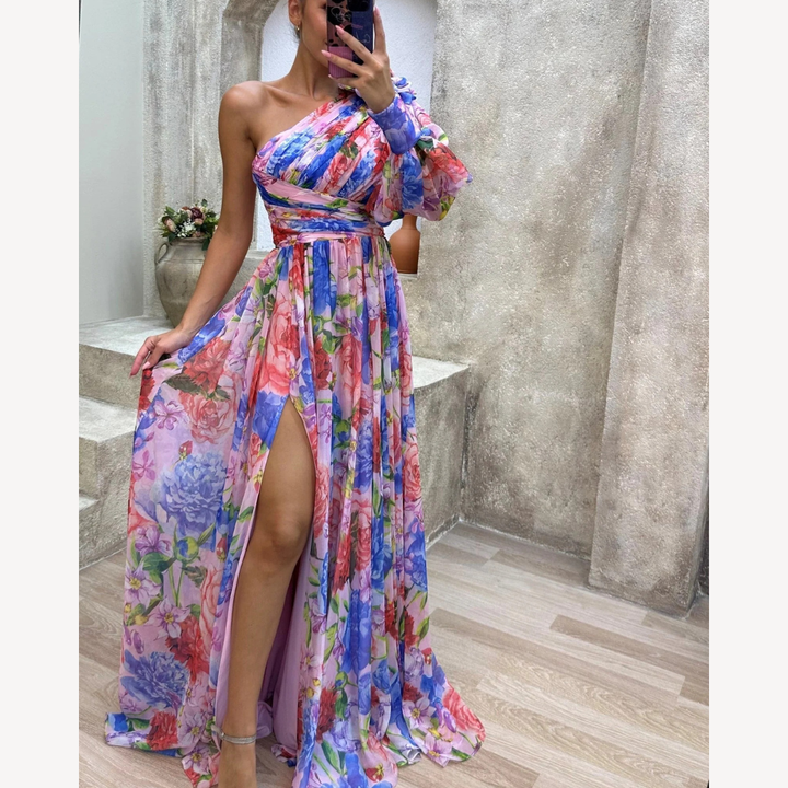 Damen One-Shoulder-Abendkleid – Blütenprint & Asymmetrischer Schnitt