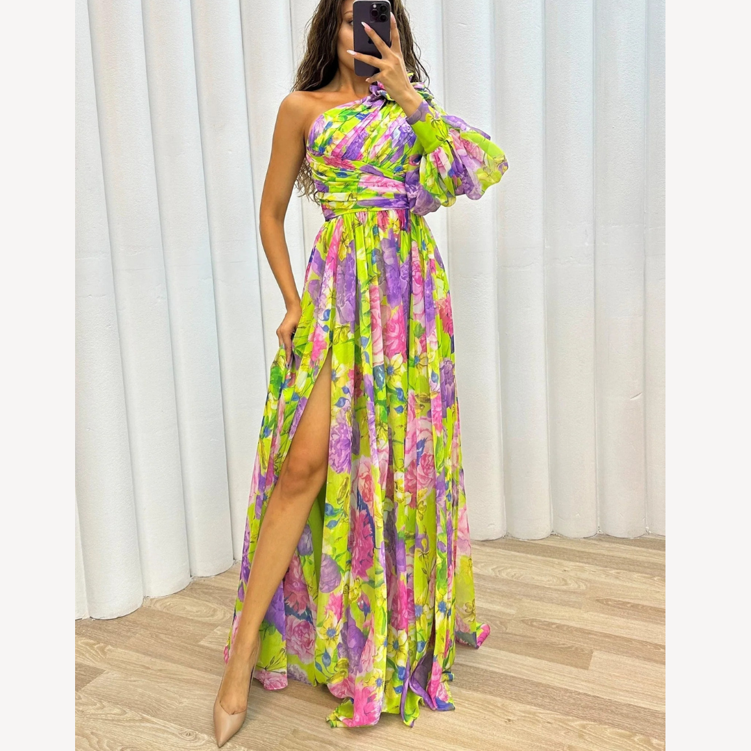 Damen One-Shoulder-Abendkleid – Blütenprint & Asymmetrischer Schnitt
