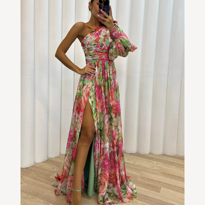 Damen One-Shoulder-Abendkleid – Blütenprint & Asymmetrischer Schnitt