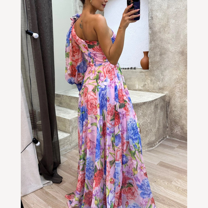 Damen One-Shoulder-Abendkleid – Blütenprint & Asymmetrischer Schnitt