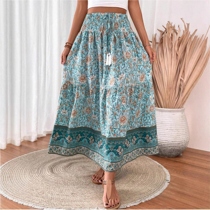 Langer Damenrock Gestufte Baumwollmischung Bohemian Blumenmuster Elastischer Bund Mit Quastenbesatz