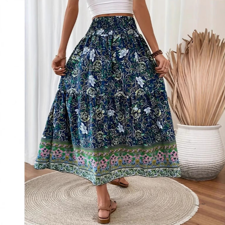 Langer Damenrock Gestufte Baumwollmischung Bohemian Blumenmuster Elastischer Bund Mit Quastenbesatz