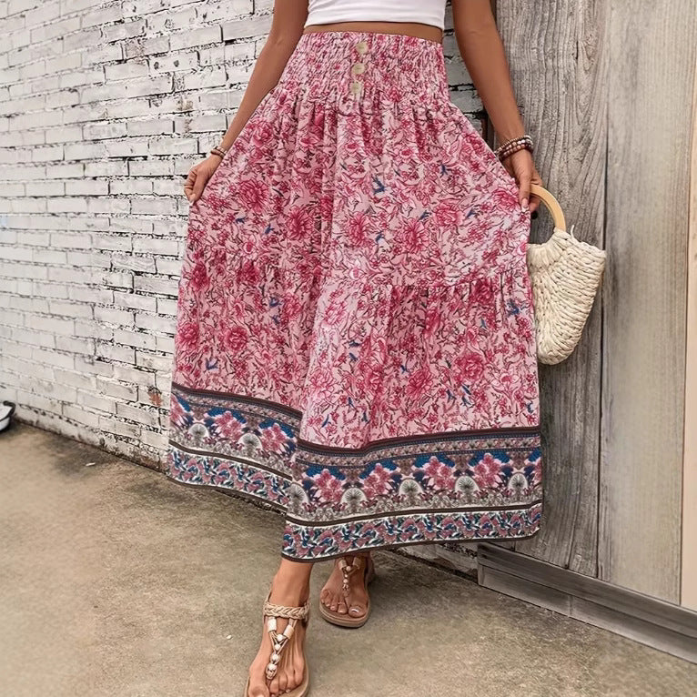 Langer Damenrock Gestufte Baumwollmischung Bohemian Blumenmuster Elastischer Bund Mit Quastenbesatz
