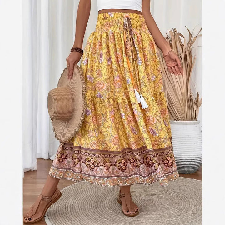 Langer Damenrock Gestufte Baumwollmischung Bohemian Blumenmuster Elastischer Bund Mit Quastenbesatz