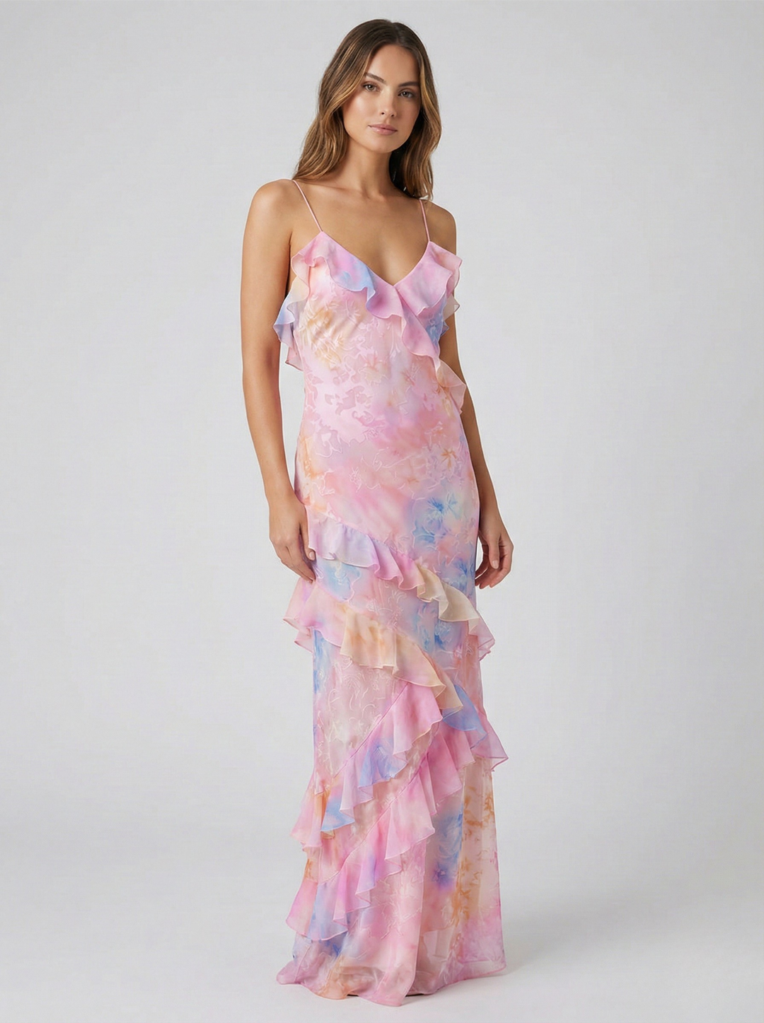 Damen-Maxikleid – Pastellfarben & Sonnenuntergangs-Eleganz in fließender Silhouette