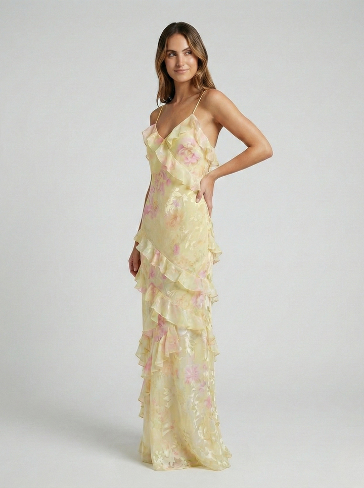 Damen-Maxikleid – Pastellfarben & Sonnenuntergangs-Eleganz in fließender Silhouette