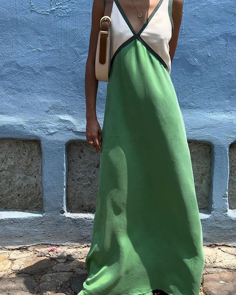 Damen-Maxikleid – Kontrastfarben, V-Ausschnitt & figurschmeichelnde Silhouette