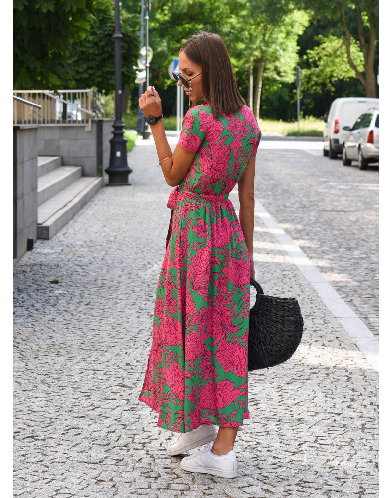 Dôre | Damen-Wickelkleid mit Blumenmuster und V-Ausschnitt | Midi