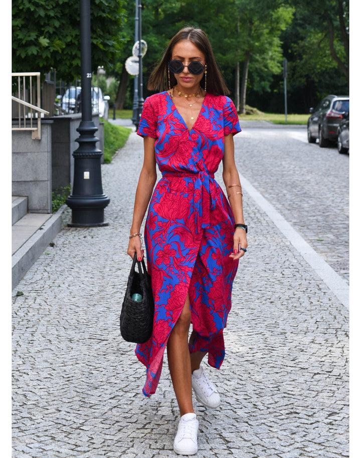 Dôre | Damen-Wickelkleid mit Blumenmuster und V-Ausschnitt | Midi