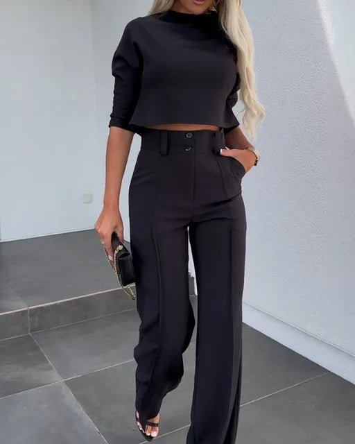 Damen Cropped Oberteil Und Hose Zweiteiler Set, Cropped-Schnitt, Weiten Hosen