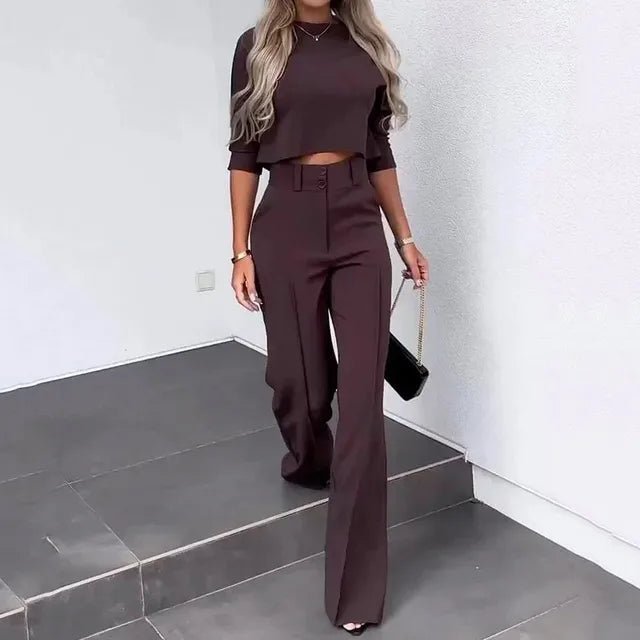Damen Cropped Oberteil Und Hose Zweiteiler Set, Cropped-Schnitt, Weiten Hosen
