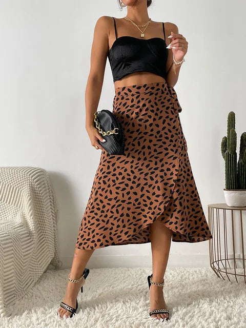 Midi Wickelrock für Damen mit Asymmetrischem Saum und Bedrucktem Design in Verstellbarer Passform für Jeden Anlass