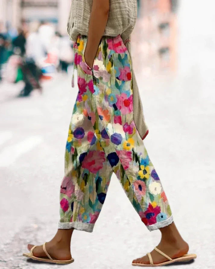 Damen Boho Hose Mit Taschen Im Bunten Blumenmuster Leicht
