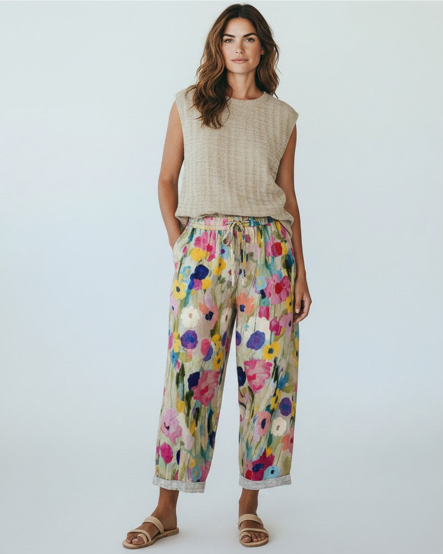 Damenhose Blumenmuster Bequem – Weite Stoffhose Mit Taschen Im Boho-Look