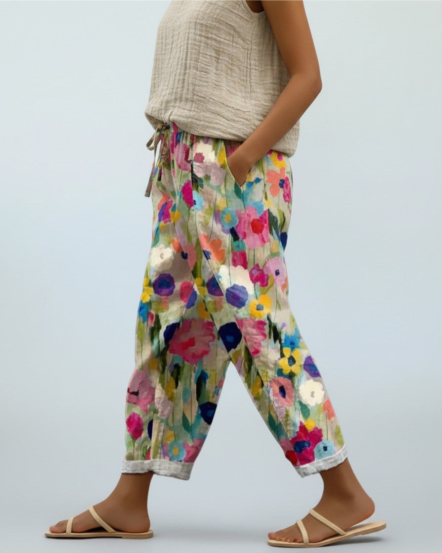 Damenhose Blumenmuster Bequem – Weite Stoffhose Mit Taschen Im Boho-Look