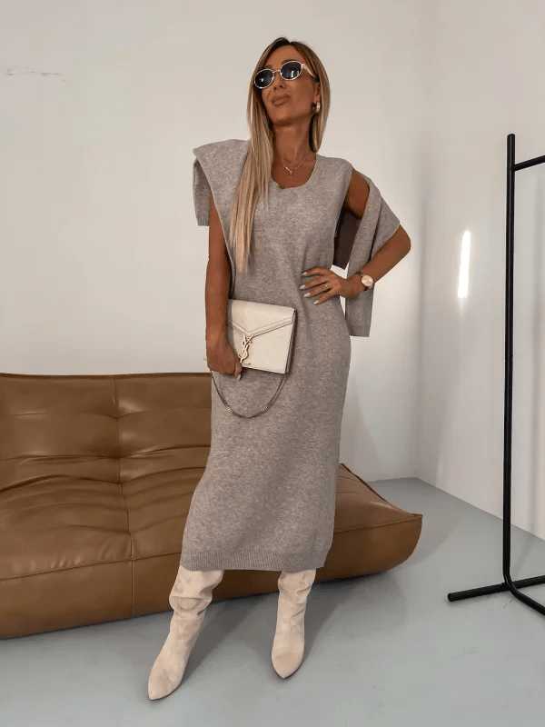 Damen Rollkragenpullover Und Kleid Zweiteiler Set Zwei Teile Kuschelige Wärme