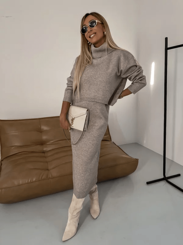 Damen Rollkragenpullover Und Kleid Zweiteiler Set Zwei Teile Kuschelige Wärme