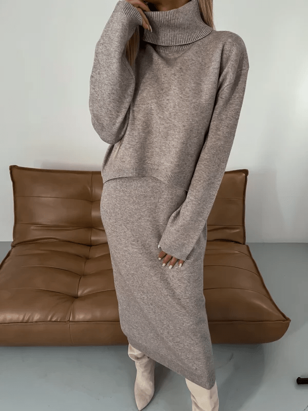 Damen Rollkragenpullover Und Kleid Zweiteiler Set Zwei Teile Kuschelige Wärme