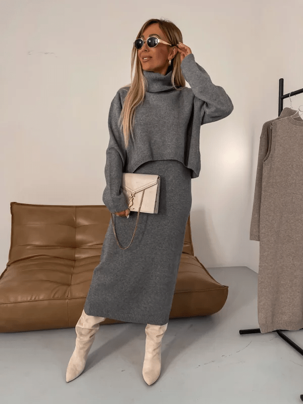 Damen Rollkragenpullover Und Kleid Zweiteiler Set Zwei Teile Kuschelige Wärme