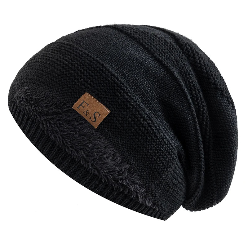Unisex Wintermützen Slouchy-Stil Fellfutter Beanies Damen Herren Label-Dekor