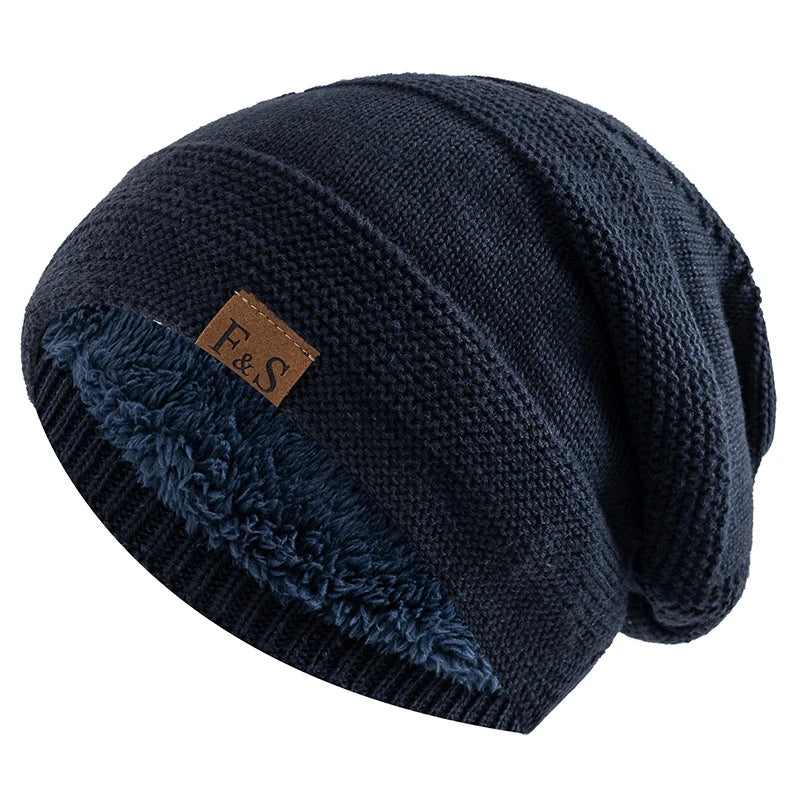Unisex Wintermützen Slouchy-Stil Fellfutter Beanies Damen Herren Label-Dekor