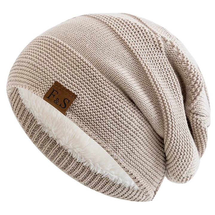 Unisex Wintermützen Slouchy-Stil Fellfutter Beanies Damen Herren Label-Dekor