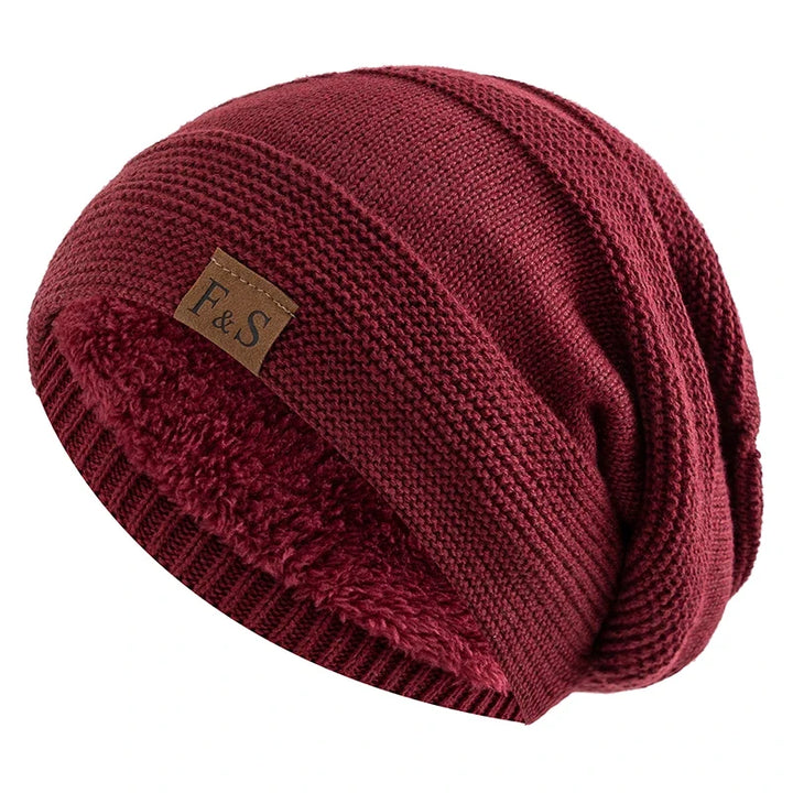Unisex Wintermützen Slouchy-Stil Fellfutter Beanies Damen Herren Label-Dekor