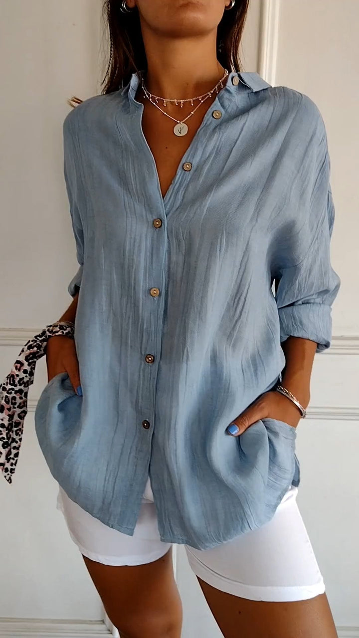 Pamelo | Damen-Sommerbluse mit Langarm-Schnitt – Luftige Leinen-Seiden-Fusion, architektonischer Faltenwurf & skandinavische Küsten-Eleganz