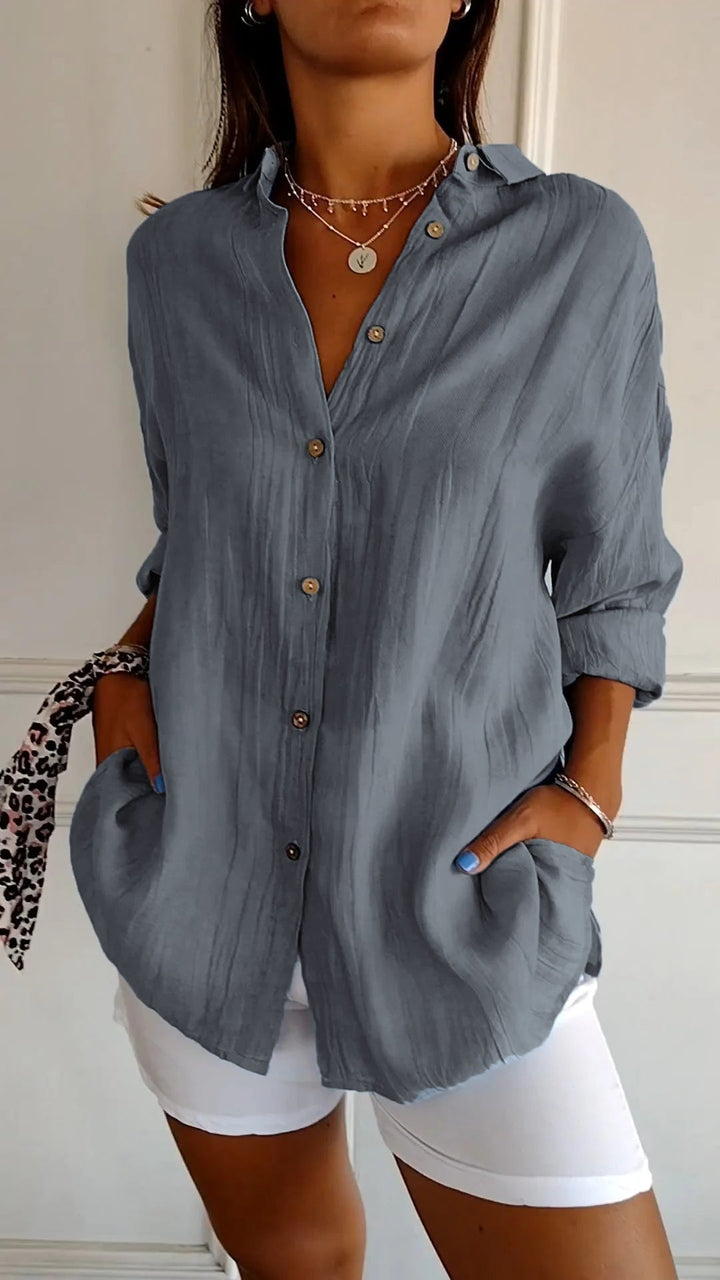 Pamelo | Damen-Sommerbluse mit Langarm-Schnitt – Luftige Leinen-Seiden-Fusion, architektonischer Faltenwurf & skandinavische Küsten-Eleganz