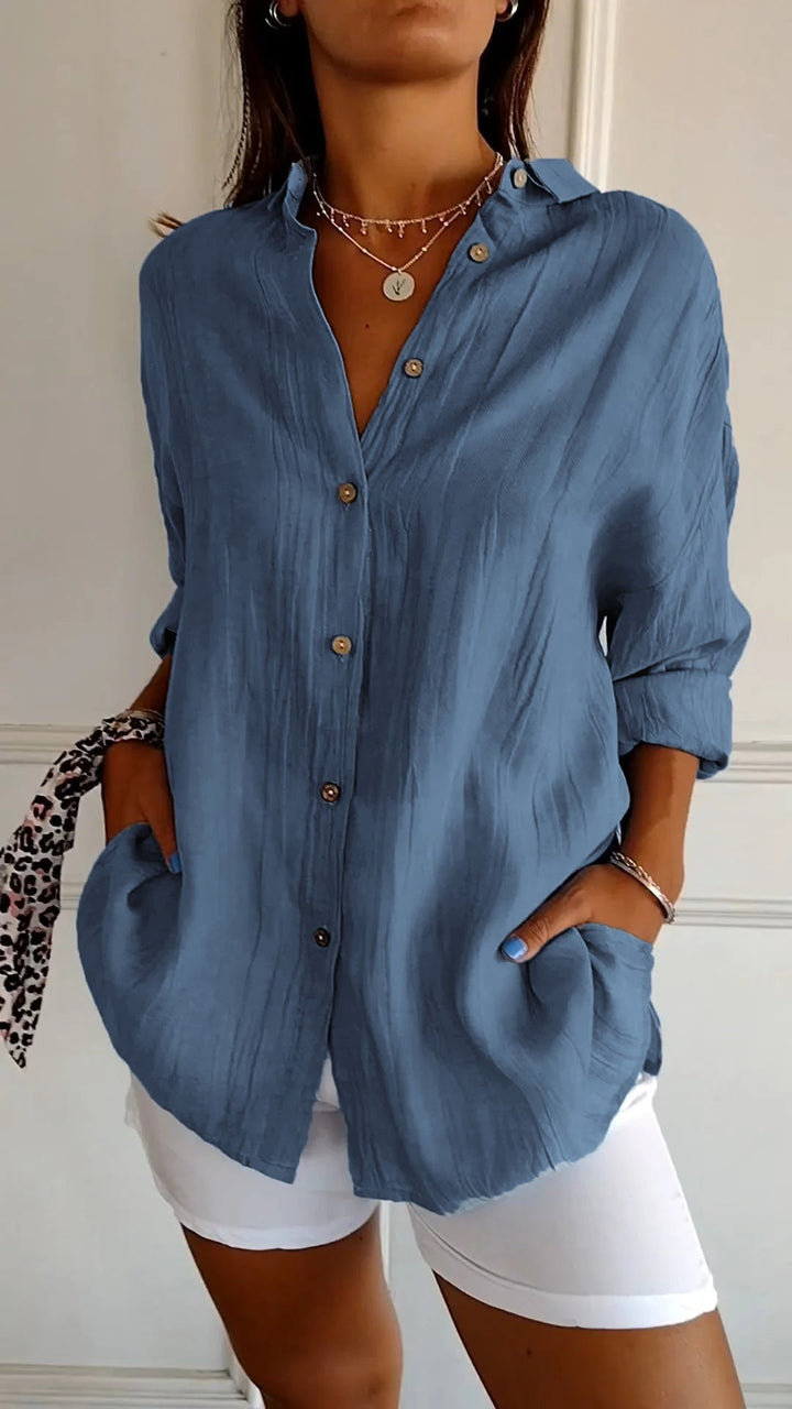 Pamelo | Damen-Sommerbluse mit Langarm-Schnitt – Luftige Leinen-Seiden-Fusion, architektonischer Faltenwurf & skandinavische Küsten-Eleganz