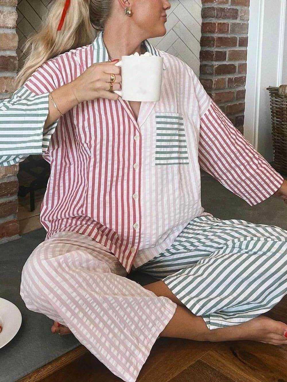 amen Pyjama-Set Patchwork-Streifen – Hemd & Hose Gestreift